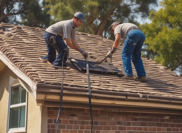 A professional roofing team inspecting a roof in California.