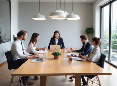 Business team discussing strategy around a table with digital charts and laptops.