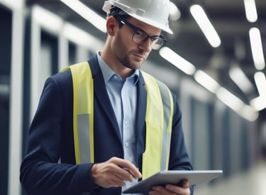 Technician inspecting industrial equipment with digital tablet in modern facility.