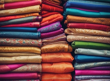 A warm shop interior showing folded silk sarees and a friendly shopkeeper ready to assist customers.