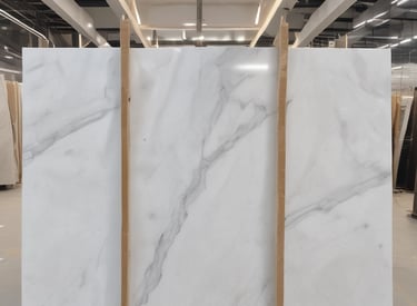 Close-up of polished white marble slabs stacked in a bright showroom.