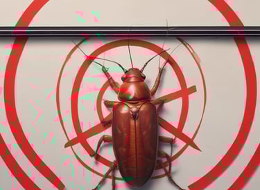 Technician in red uniform applying pest control treatment in a bright residential kitchen.