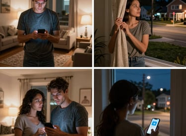 A family easily activating the alarm with a remote control at home.