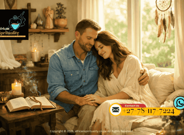 Couple embracing near a candle and spiritual book for love spells and relationship healing.