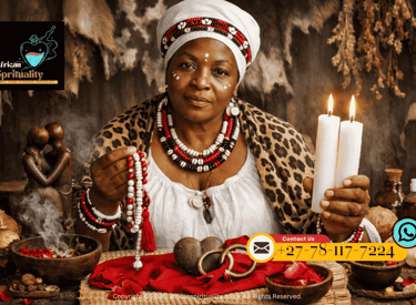 African spiritual healer holding prayer beads and white candles for traditional ritual ceremonies.