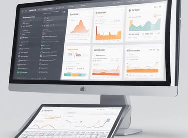 Abstract digital marketing concept with data charts and growth arrows on dark background.