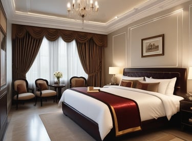 A guest using a laptop comfortably in a bright room with a cup of tea nearby.