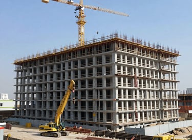 Construction workers collaborating on a detailed building plan at a lively construction site.