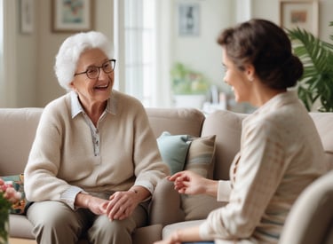 A warm, inviting living room with sunlight streaming in, showing a senior comfortably reading a book.