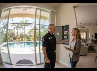 Caloosa Electric technician speaking with homeowner in a Southwest Florida home