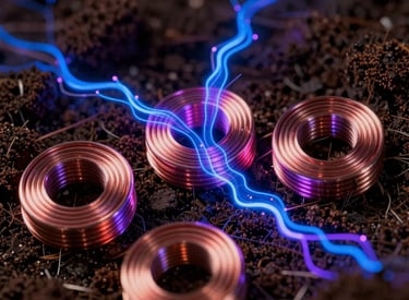 Macro close-up of high-purity copper coils buried in dark, rich soil, glowing with electric cobalt blue and neon violet vector overlays, dramatic low-key lighting, technical wireframe diagram elements, 35mm.