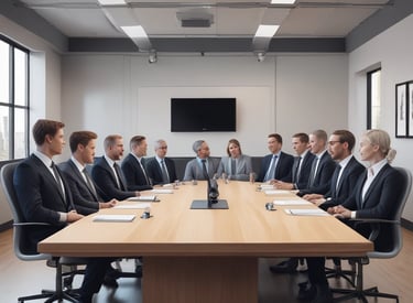 A group of executives engaged in a dynamic leadership workshop around a conference table.