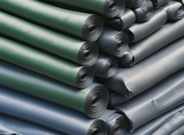 A large stack of colorful tarpaulin sheets neatly arranged in a warehouse.