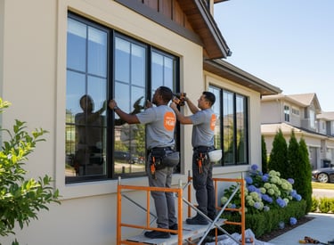 two men are standing on a ladder to installing windows at a house