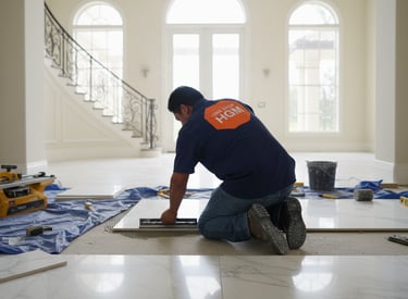 a man is working on a tile floor