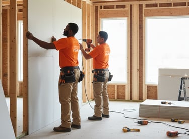 two men in orange shirts and work clothes are standing in a room hanging drywall