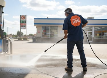 a man in a blue shirt is using a pressure washer to clean a gas station