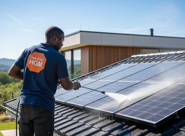 a man in a blue shirt is cleaning a solar paneled roof