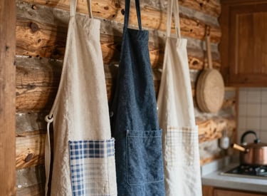 Close-up of handmade aprons hanging on a rustic wooden wall.