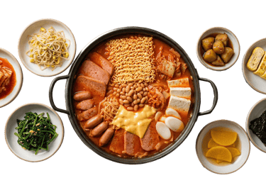 Steaming Korean-style army stew (Budae-jjigae) featuring ramen noodles, kimchi, tofu, and assorted savory ingredients.
