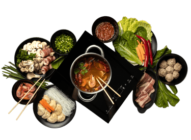 Overhead view of one spicy red mala soup.