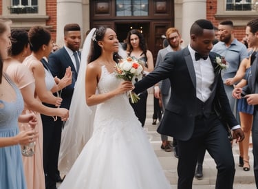 A joyful wedding couple sharing a candid moment outdoors.