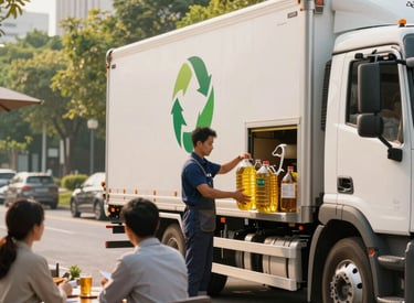 Premium eco-friendly collection service, modern branded truck collecting used cooking oil containers