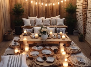 Desert gathering setup with comfortable pallet lounges and ambient lighting under the evening sky.