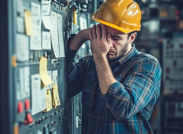 a technician looking frustrated next to a messy maintenance office with sticky notes