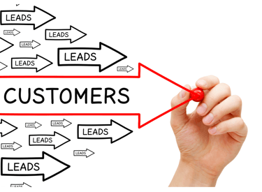 Arrow pointing from leads to customers for conversion strategy