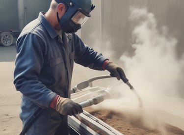 A large advertisement painted on the side of a building promotes painting your property regularly to save money, showing a rustic house silhouette. To the left, a construction site with a demolition crane indicates possible urban development. Shipping containers and a rooftop are visible, suggesting an industrial area.