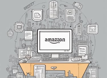 a computer desk with a computer monitor and a monitor screen with amazon's amazon