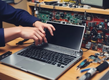 A close up look at a technician disassembling a laptop
