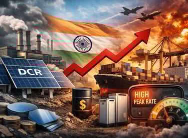 India economic growth collage with solar panels, industrial factory, and rising market arrow.