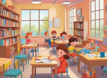 A classroom setting with children engaged in homework assistance.