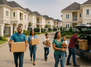 a family moving home with a car and a dog
