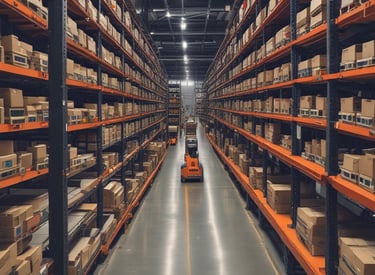 Robotic arms sorting packages in a warehouse environment.