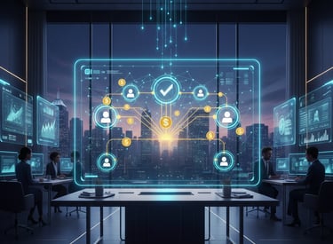 A hologram effect of a computer screen showing systems and network