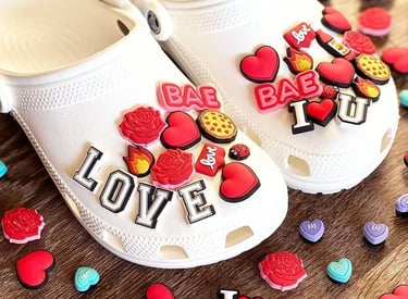 A colorful display of various shoe charms installed on crocs