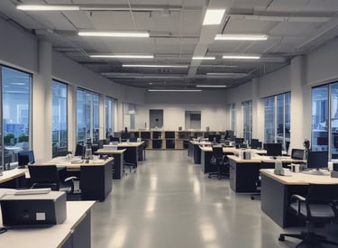 A team of cleaners performing a deep clean in an office.