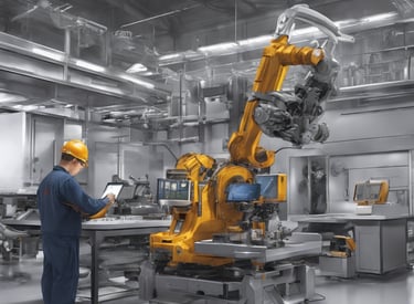 A 3D-rendered image of a green circuit board depicting various electronic components, including a central purple chip with a symbol, multiple smaller chips, capacitors, and resistors. The board features intricate gold circuitry pathways.