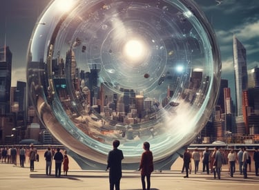 two people standing in front of a large circular object