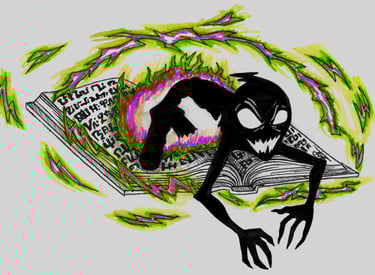 a marker drawing of a cartoon goblin being summoned from a spellbook