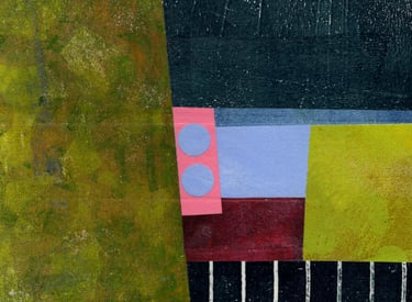 Abstract mixed media collage art with green, blue, and pink textured paper shapes and striped patterns.