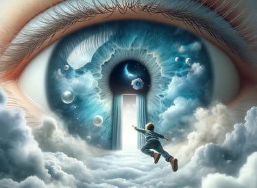 Boy flying toward a cosmic eye symbolising consciousness and the universe.