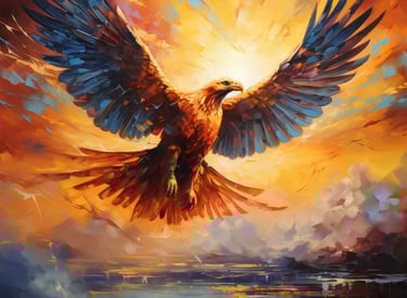 a painting of a bird flying over a body of water