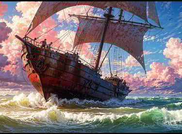 a painting of a ship in the ocean