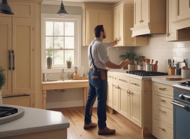 A person is using a tool with a red handle, possibly a staple remover or similar tool, to work on a wooden frame. The person is wearing a shirt with a colorful floral pattern, and their focus appears to be on the task at hand. The setting suggests a crafts or DIY environment.