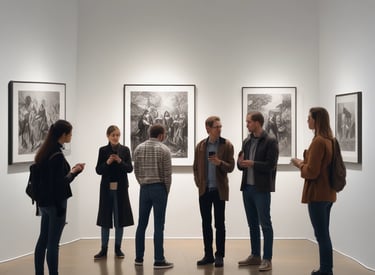A group of people in a modern, well-lit gallery space are gathered around listening to a person giving a presentation. The wall features large text reading 'Aqua Paradiso' and includes dates in 2022, likely indicating the title and timeline of an exhibition or event. The room has large windows and sleek architecture, creating an open and contemporary environment.