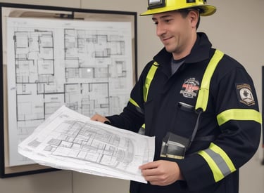 A person wearing a fire-resistant suit is engulfed in flames, participating in a controlled stunt or emergency procedure. Surrounding them are individuals in firefighting gear, each holding fire extinguishers and standing ready to intervene. The background includes industrial and possibly urban elements, with a building that has store-like features including a window displaying some items.